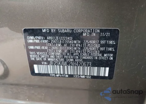 2022 Subaru Forester Wilderness из США, поврежденный, VIN JF2SKAMC2NH420673